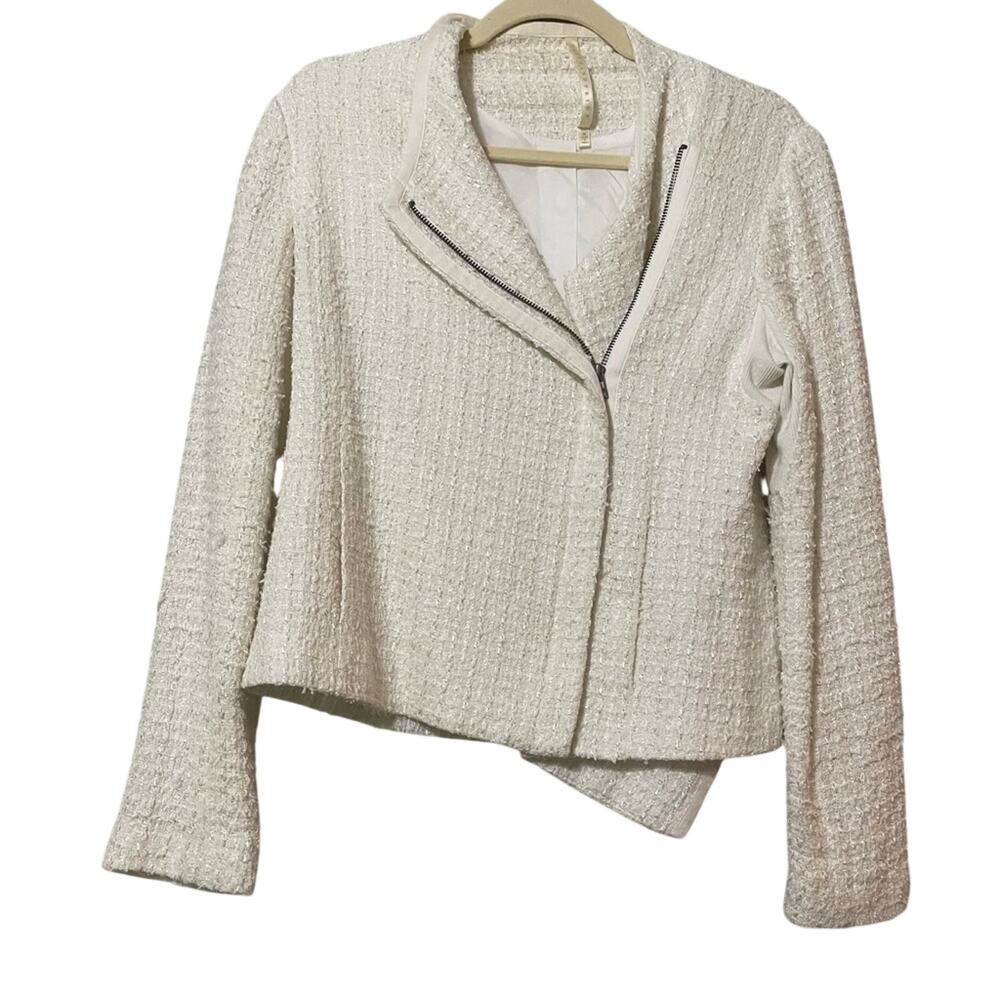 Truth & Pride Cream Tweed Moto Zip Blazer Jacket With Metallic Thread Womens M